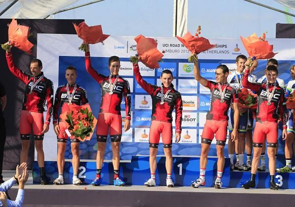 BMC on the podium: Alessandro Ballan, Philippe Gilbert, Taylor Phinney, Marco Pinotti, Manuel Quinziato and Tejay Van Garderen