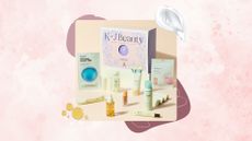 Image of the Boots Korean and Japanese Skincare Edit Box with its contents in front of it, on a pink background with cream and oil swatches 