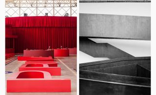 Left, 3D word "PRIVE" on the floor in front of a stage with a red curtain. Right, black and white photo of a staircase