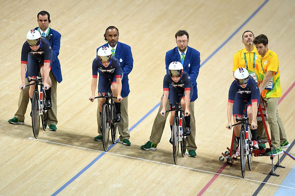 Katie Archibald, Laura Trott, Elinor Barker and Joanna Rowsell-Shand of Great Britain compete in the Women's Team Pursuit Track Cycling Qualifying