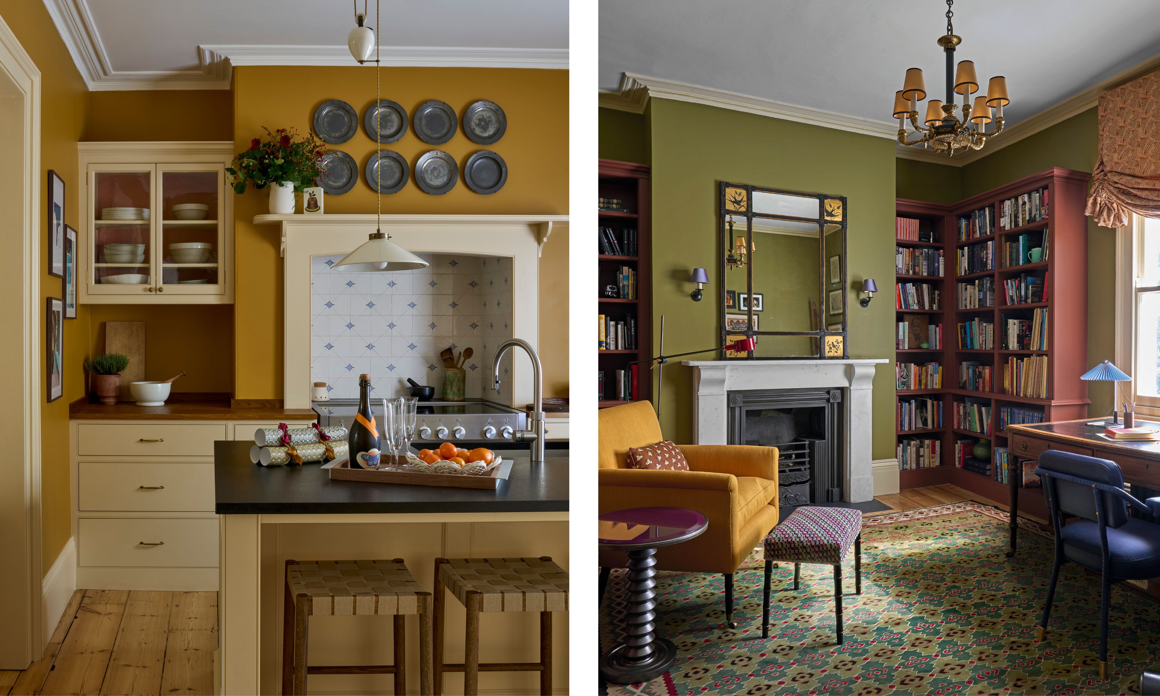 Split image: The left features a kitchen with mustard-yellow walls and cream-colored cabinetry. The right shows a study/library with olive-green walls, deep red floor-to-ceiling bookshelves, and a golden-yellow upholstered armchair.