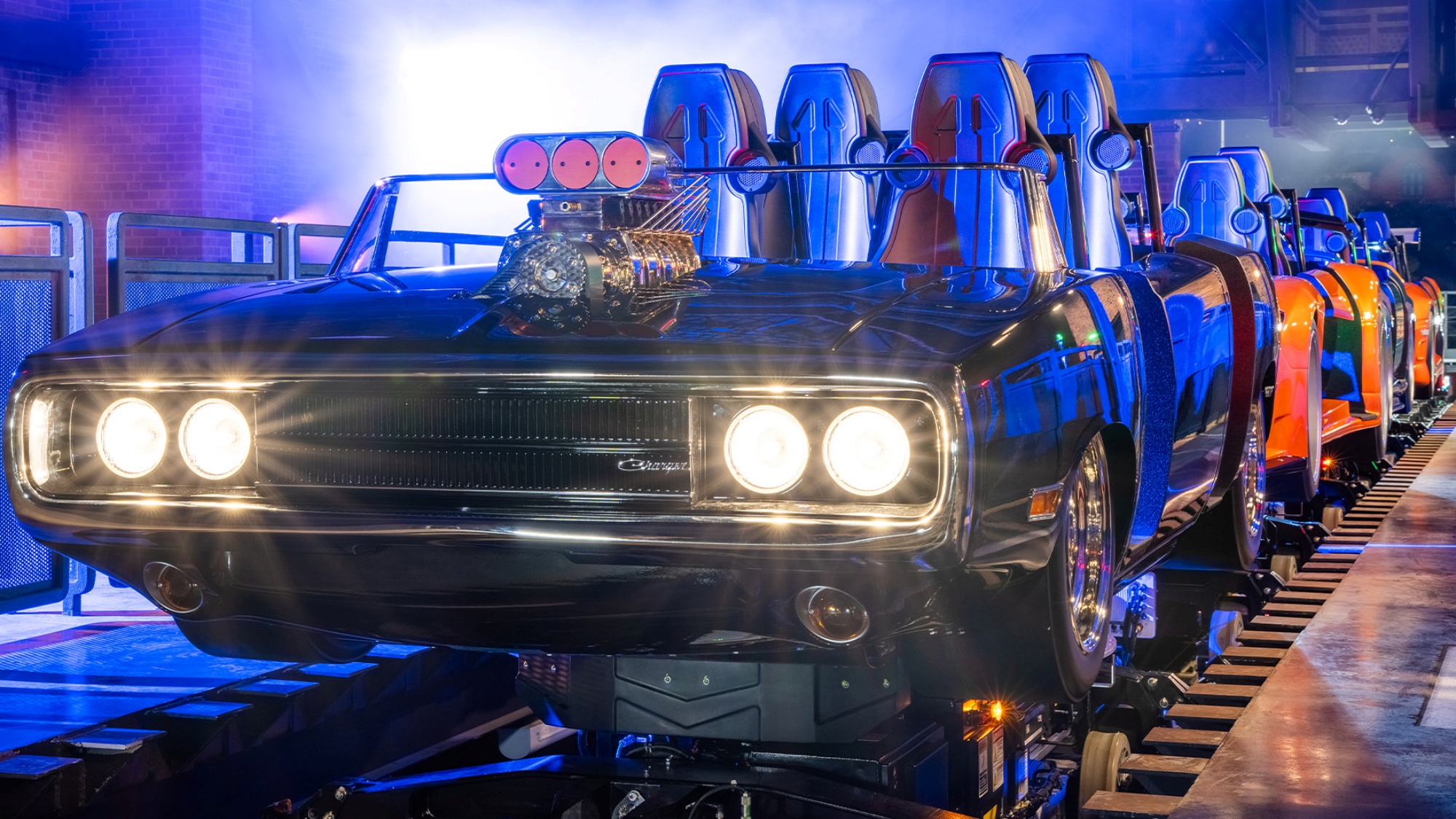 The Fast &amp;amp; Furious: Hollywood Drift roller coaster ride vehicles at Universal Studios Hollywood.