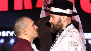 RIYADH, SAUDI ARABIA - DECEMBER 19: Oleksandr Usyk (left) and Tyson Fury face off during a press conference as part of Oleksandr Usyk v Tyson Fury 2 at Via Riyadh on December 19, 2024 in Riyadh, Saudi Arabia.