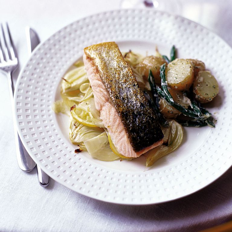 Lemon and Fennel Baked Salmon with New Potatoes, Green Beans and Dill Mayonnaise-recipes-woman and home