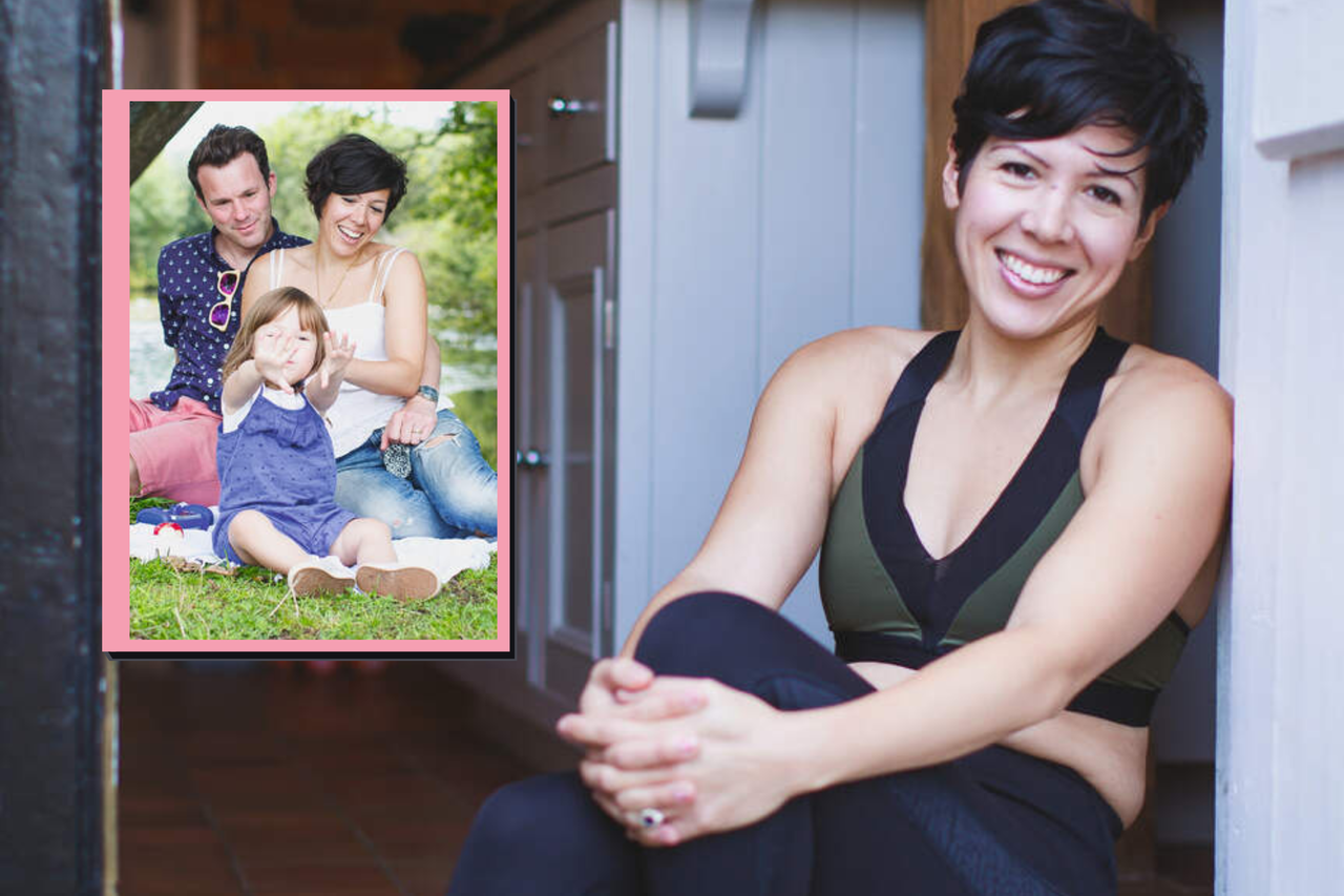 Clio Wood smiling, next to a cut out photo of her family