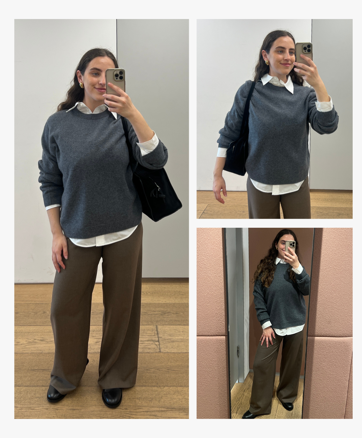 Who What Wear&#039;s Ava Gilchrist wears a Cos cashmere jumper, white button down, brown wool trousers and black shoes.