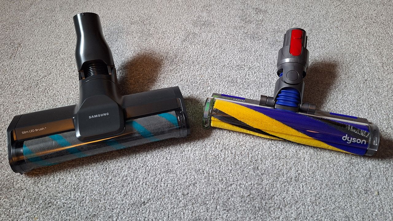 Samsung Bespoke AI Jet Ultra Slim LED Brush+ (left) and Dyson Gen5detect Fluffy Optic floorhead
