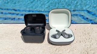 Sennheiser Sport True Wireless vs. Beats Fit Pro by a swimming pool