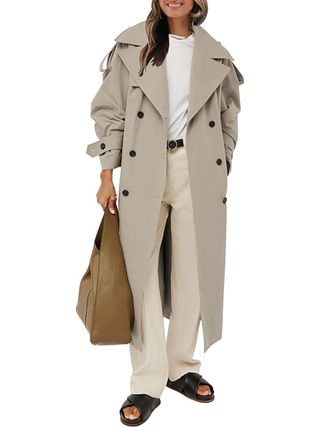 Farktop, Farktop Womens Oversized Long Trench Coat Double Breasted Lapel Windproof Overcoat With Belt