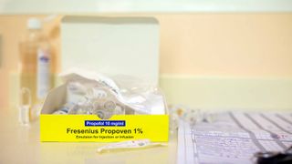 closeup of yellow box of Fresenius propoven used to sedate Covid-19 patients at the hospital