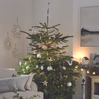 Christmas tree in living room with tree topper.