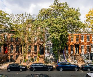 Cars on a tree lined street in Park Slope, Brooklyn