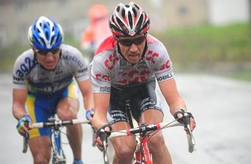 Niki S&ouml;rensen driving on the front for CSC in the Ardennes.