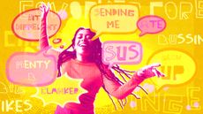 Young girl with speech bubbles depicting Gen Z slang all around her, e.g. "Menty B," "Sus," and "Sending me"