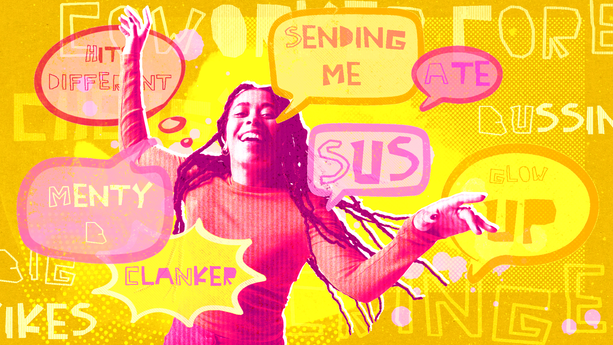 Young girl with speech bubbles depicting Gen Z slang all around her, e.g. "Menty B," "Sus," and "Sending me"