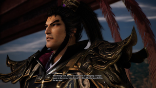 Lu Bu shares a bonding moment with Ziluan in Dynasty Warriors Origins on a balcony