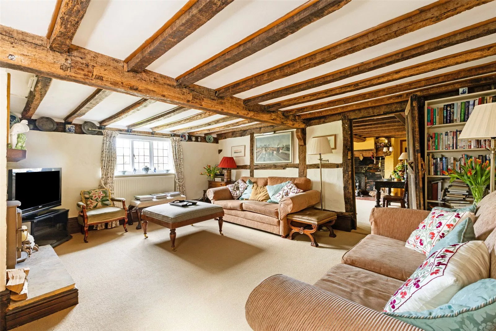 A lovely living room with exposed beams