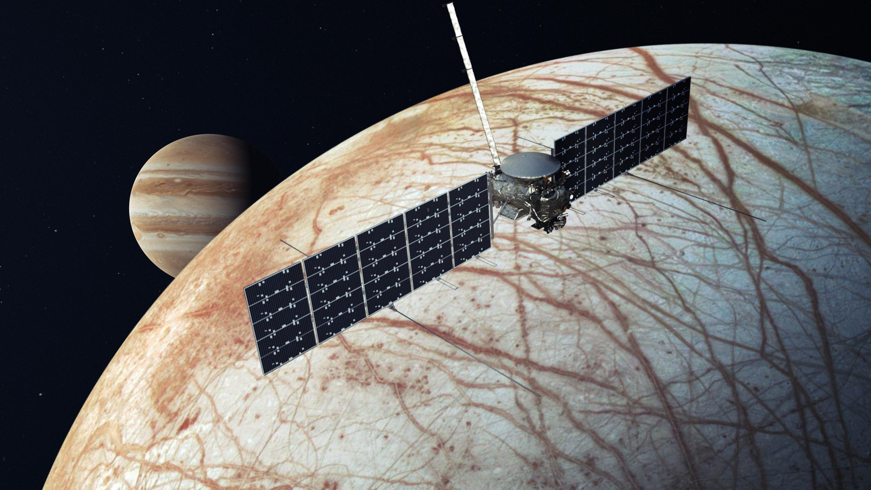An artist's rendition of NASA's Europa Clipper, a spacecraft set to launch for a flyby of Jupiter's ice moon in 2024.