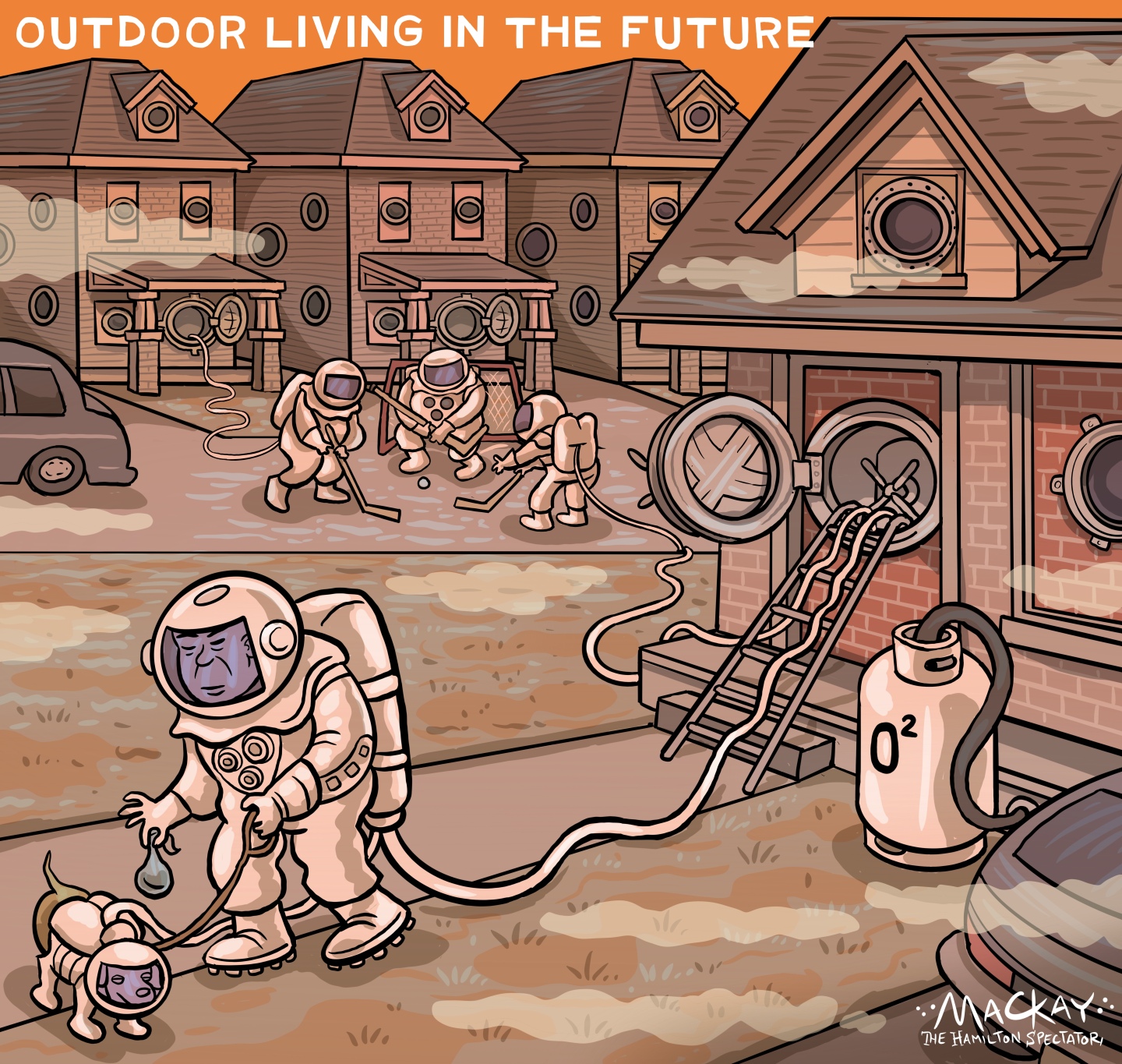 This cartoon is titled &amp;ldquo;Outdoor Living in the Future&amp;rdquo;. It depicts people outside in Canada, where the discolored skies are filled with smoke. All the people and animals wear astronaut-like suits connected to oxygen tanks. A man walks his dog, who's also in a space suit. People dressed in the space suits play hockey and the houses have submarine-like doors instead of regular doors.
