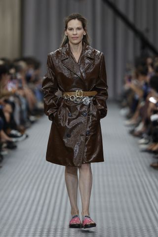 Hilary Swank walking for Miu Miu at Paris Fashion Week