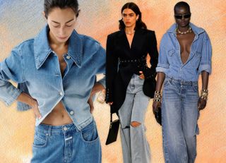 collage of women wearing different low-rise denim