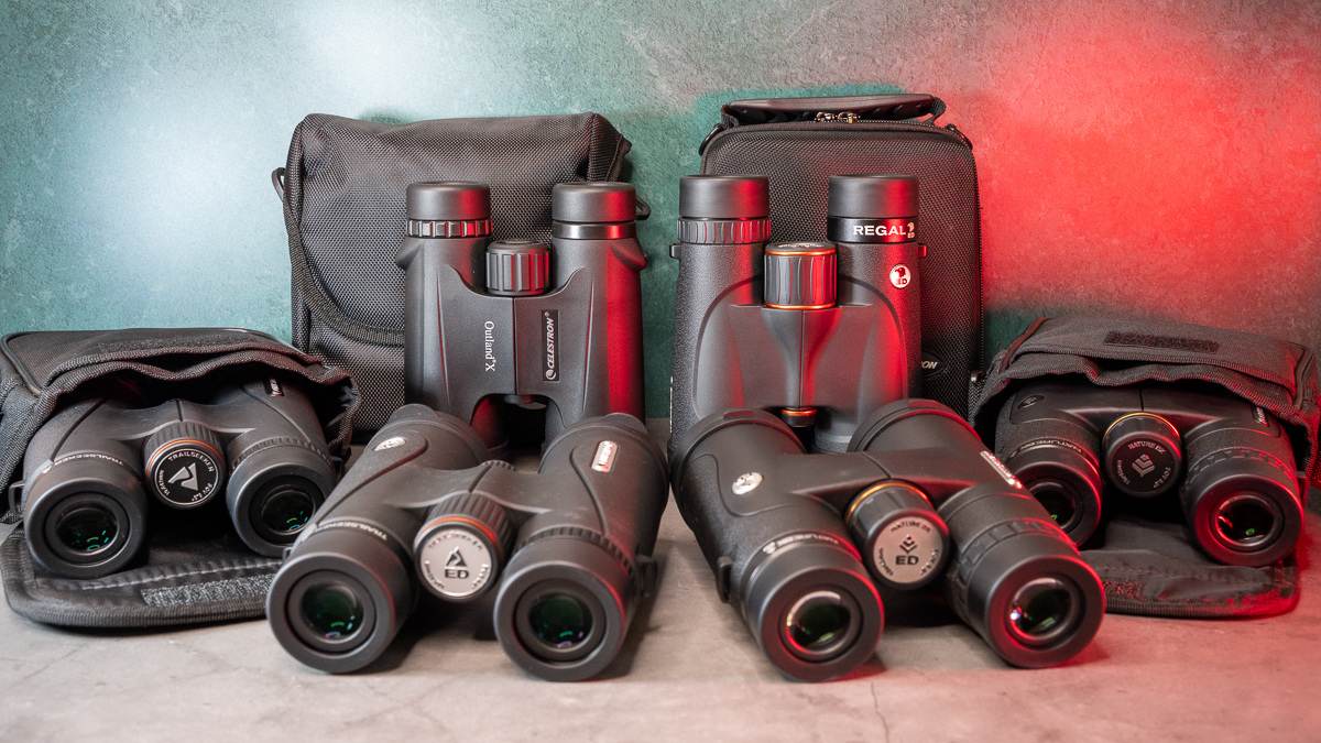 six binoculars against a backdrop