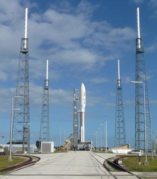 The Curiosity rover, nestled atop its Atlas 5 rocket, was rolled out to its launchpad at Florida's Cape Canaveral Air Force Station on Nov. 25, 2011, to prepare for its blastoff on Nov. 26.