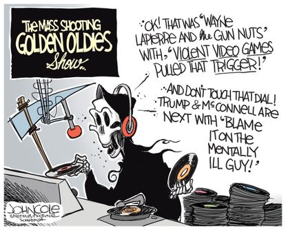 Political Cartoon Mass Shooting Golden Oldies Grim Reaper DJ