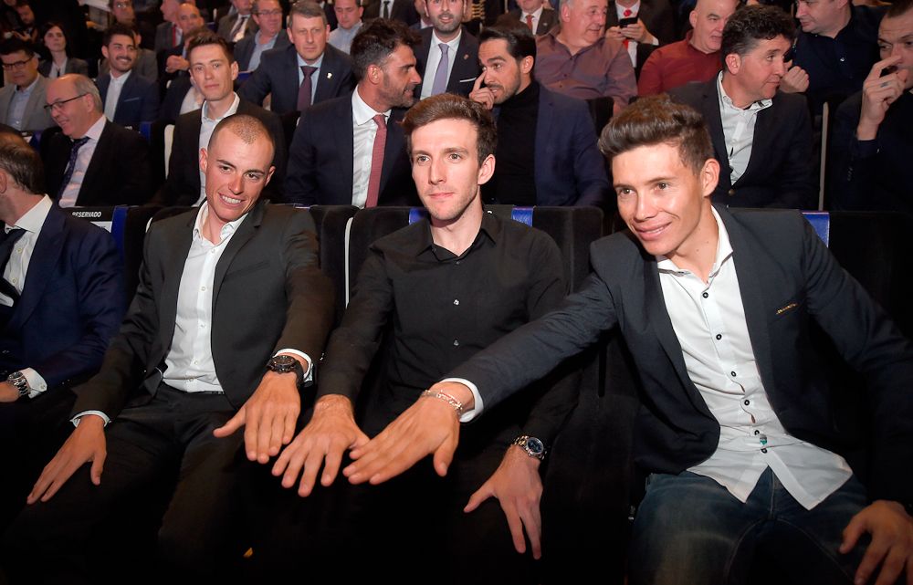 Enric Mas, Simon Yates and Miguel Angel Lopez at the 2019 Vuelta a Espana route presentation Wednesday in Alicante