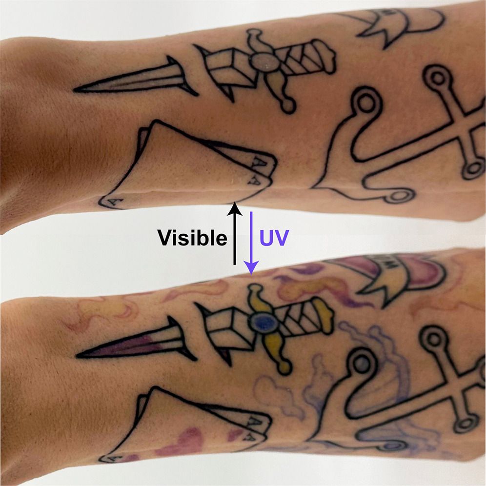 Two arms with one showing tattoos and the other showing colors amidst the tattoos