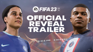 Kylian Mbappe and Sam Kerr headshots alongside text that reads FIFA 23 official reveal trailer 
