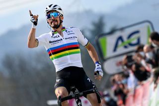 Julian Alaphilippe celebrates victory at La Flèche Wallonne