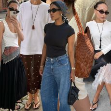 fashion collage featuring style influencers wearing chic outfit ideas with 2026 accessory trends like headscarves, pendant necklaces, woven bags, and more