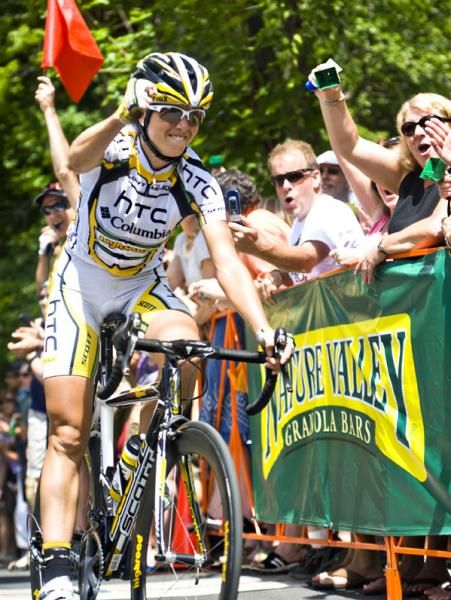 Eveyln Stevens (HTC Columbia) wins the Stillwater criterium but was unable to take the leader's jersey.