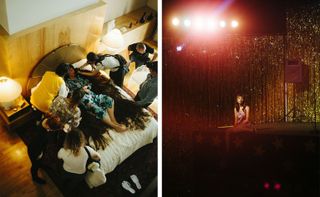 Behind the scenes image: Left, model wearing Kenzo robe, lying in bed and surrounded by film crew. Right,model wearing pink silk dress on stage