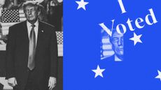 Illustration of Donald Trump looking bored alongside the text from an "I Voted" sticker