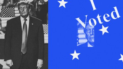 Illustration of Donald Trump looking bored alongside the text from an "I Voted" sticker
