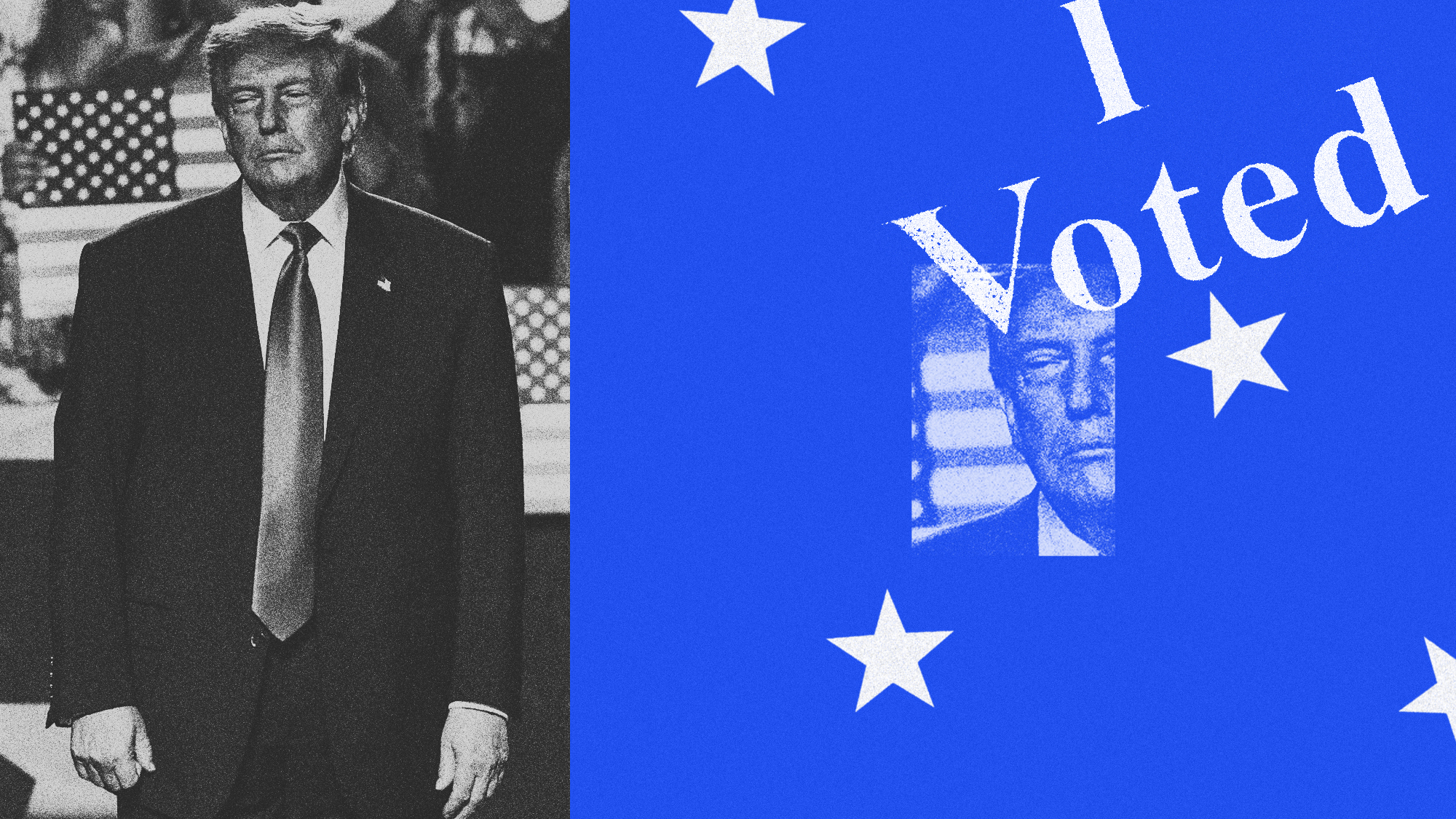 Illustration of Donald Trump looking bored alongside the text from an "I Voted" sticker