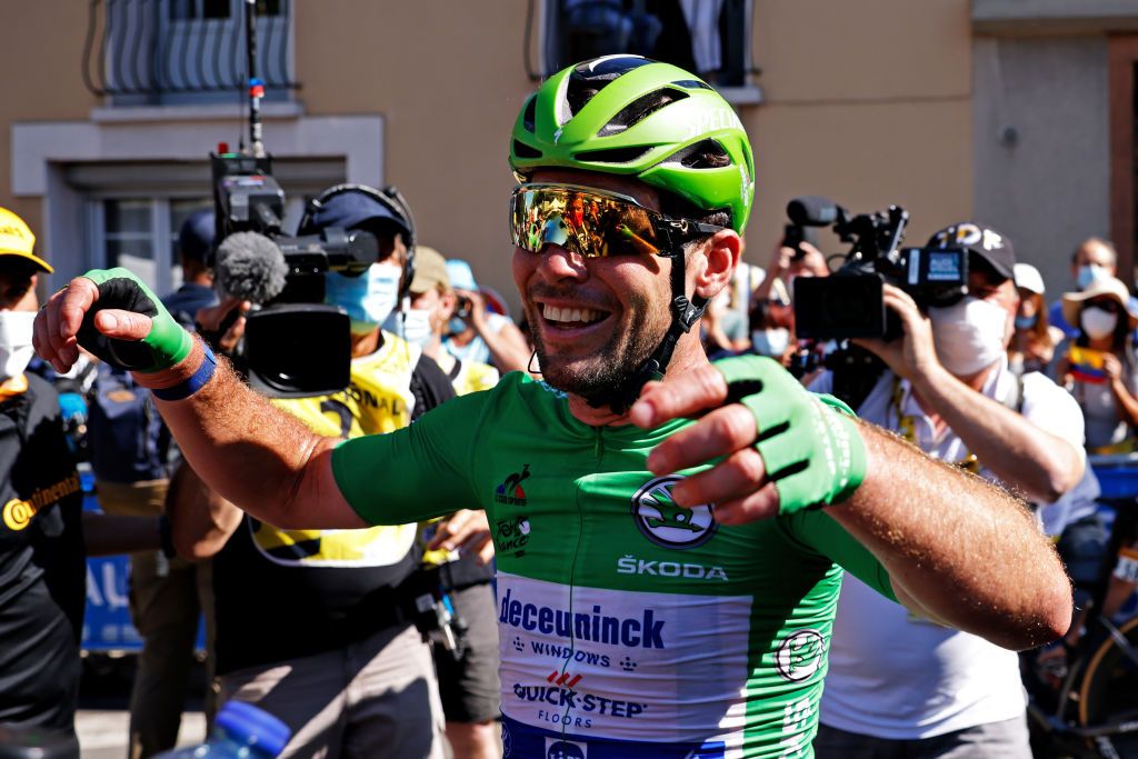 CARCASSONNE FRANCE JULY 09 Mark Cavendish of The United Kingdom and Team Deceuninck QuickStep Green Points Jersey celebrates at arrival during the 108th Tour de France 2021 Stage 13 a 2199km stage from Nmes to Carcassonne LeTour TDF2021 on July 09 2021 in Carcassonne France Photo by Stephane Mahe PoolGetty Images