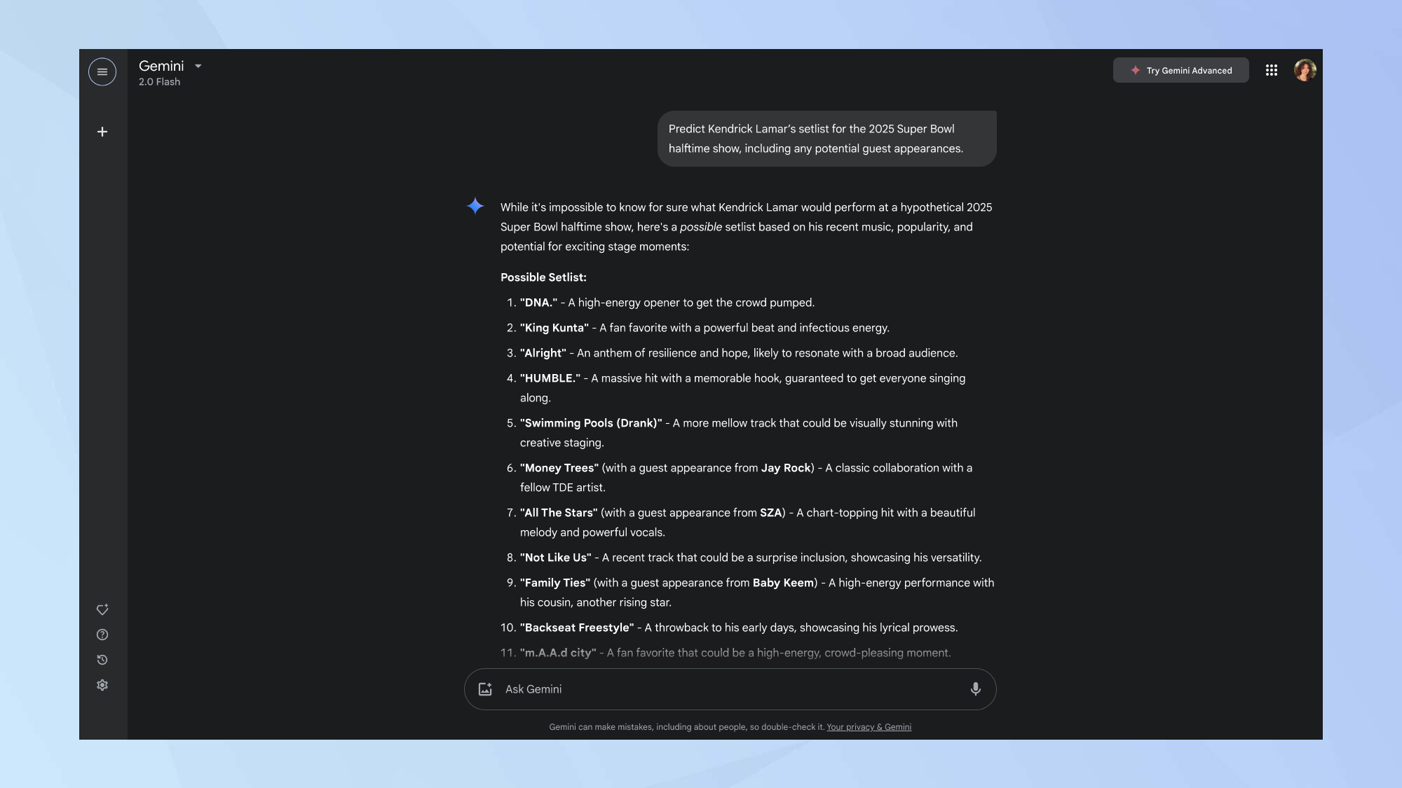 Gemini AI Kendrick Super Bowl prediction 