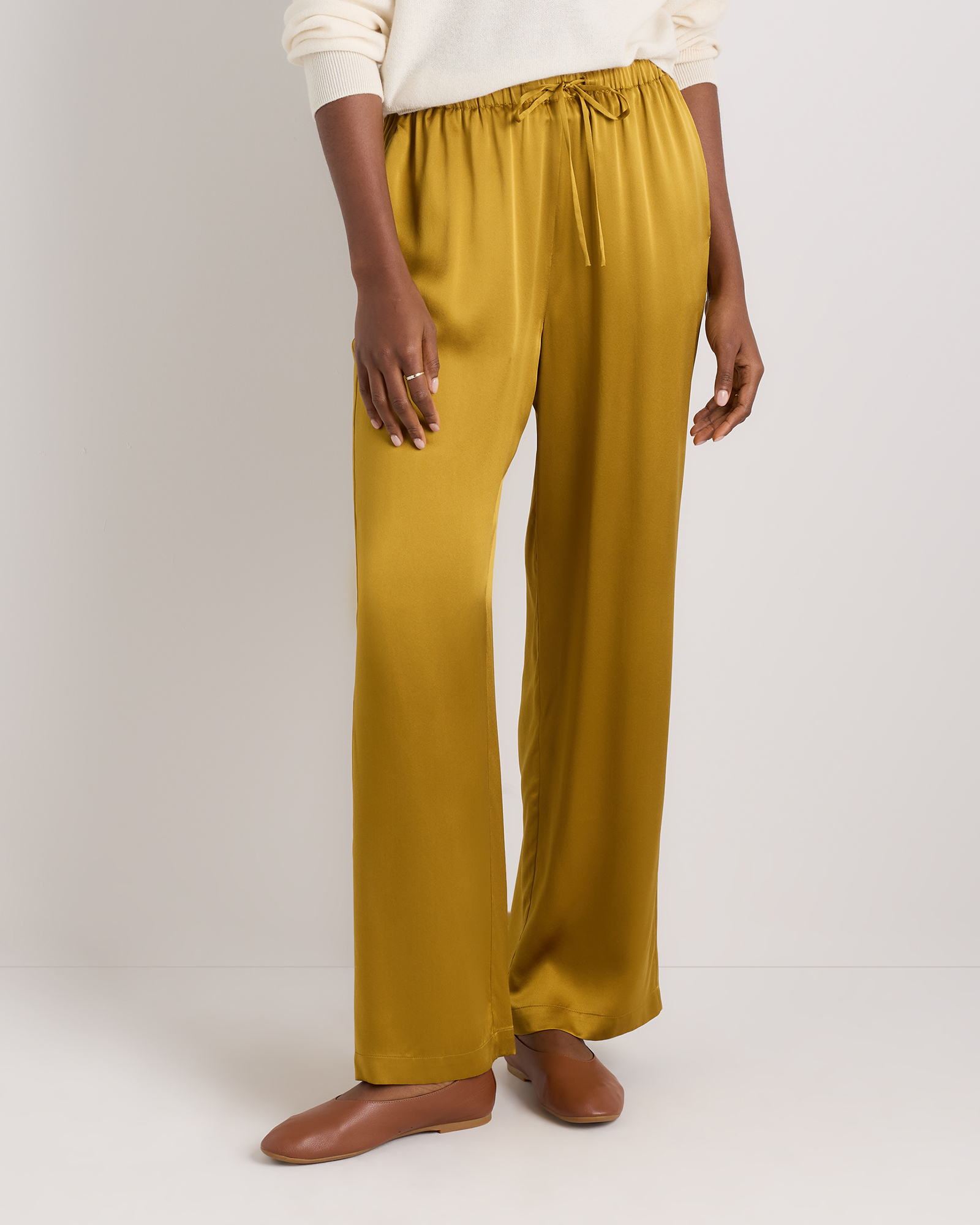 100% Washable Silk Drawstring Wide Leg Pants in Mineral Yellow