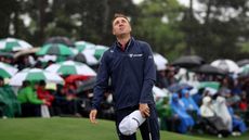 Justin Thomas looks to the sky after missing the cut at the 2023 Masters