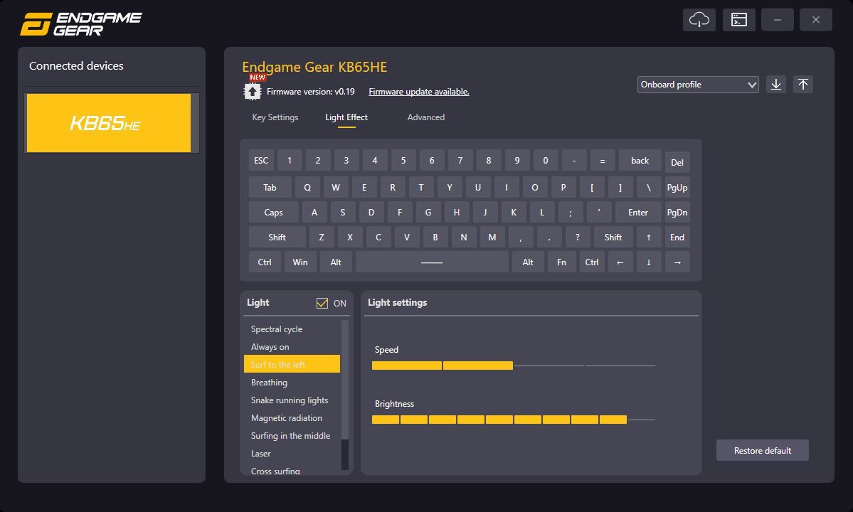 The Endgame Gear KB65HE gaming keyboard configuration software