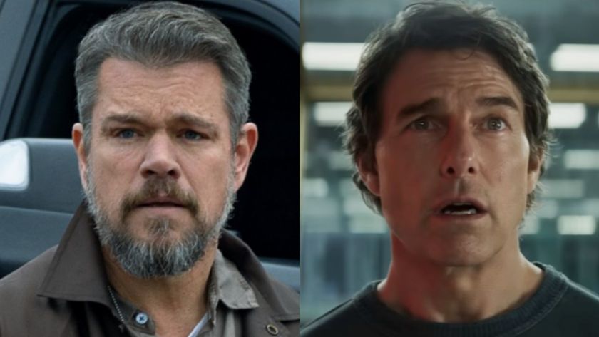 From left to right: Matt Damon looking serious in The Rip and Tom Cruise staring with his mouth open in Mission: Impossible - The Final Reckoning. 