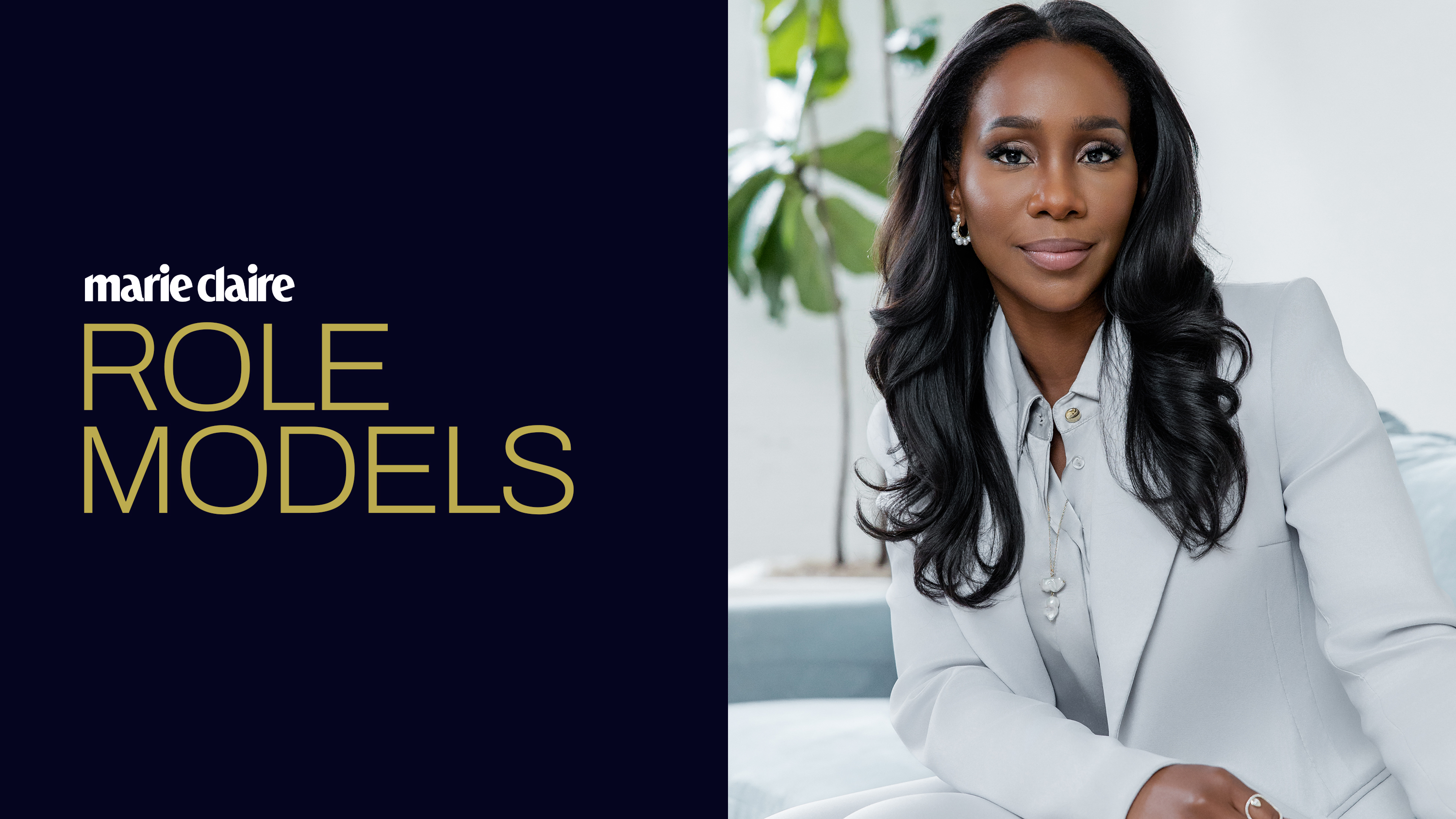 a split photo that reads marie claire role model's on the left and a headshot of CNN anchor abby phillip in a light blue suit on the right