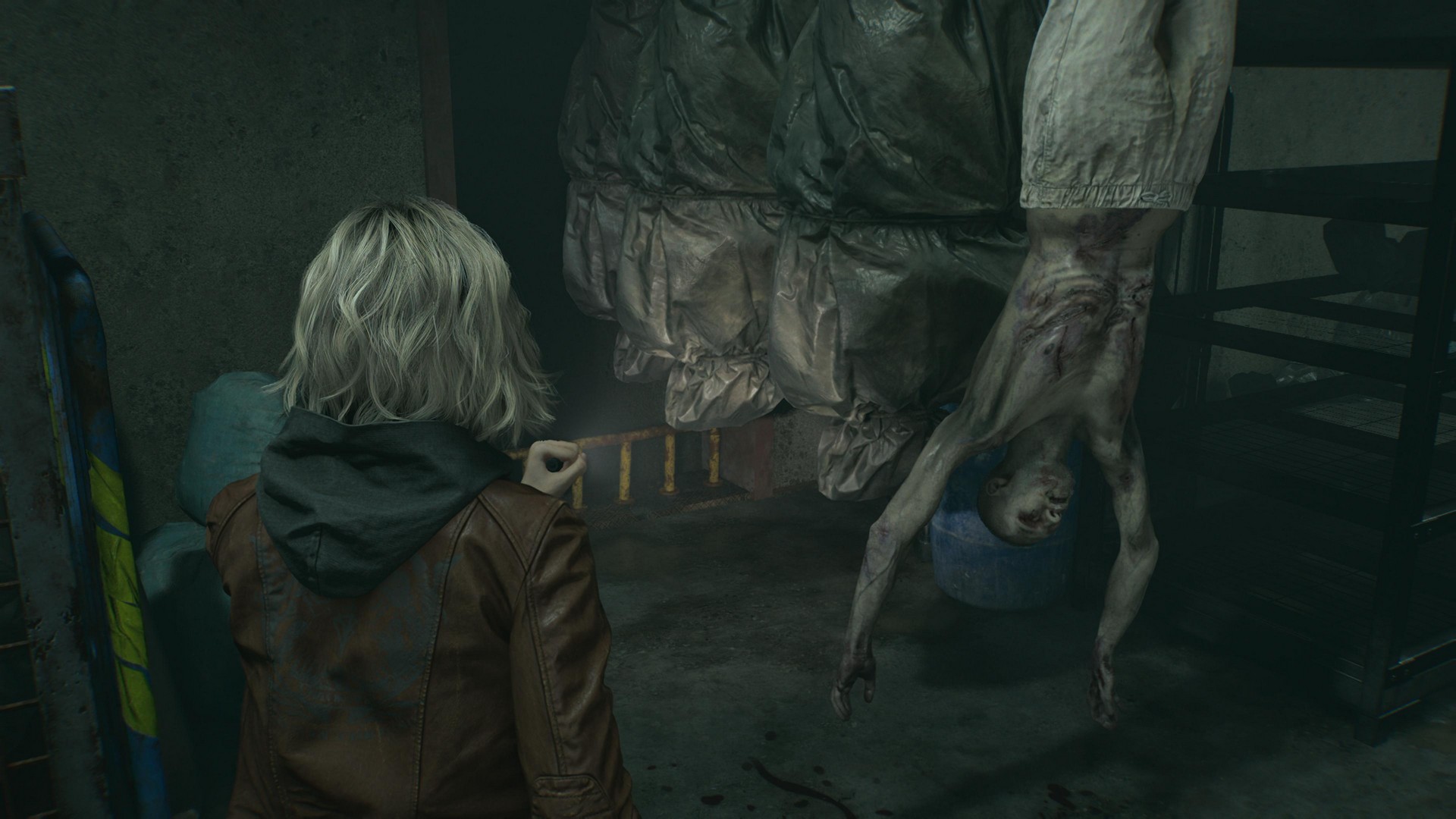 Grace looks at rows of bodies being transported on a conveyor belt in Resident Evil Requiem, hung by the ankles like meat