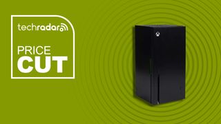 The Xbox Series X mini fridge on a lime green background. White text to the left reads: "techradar PRICE CUT"