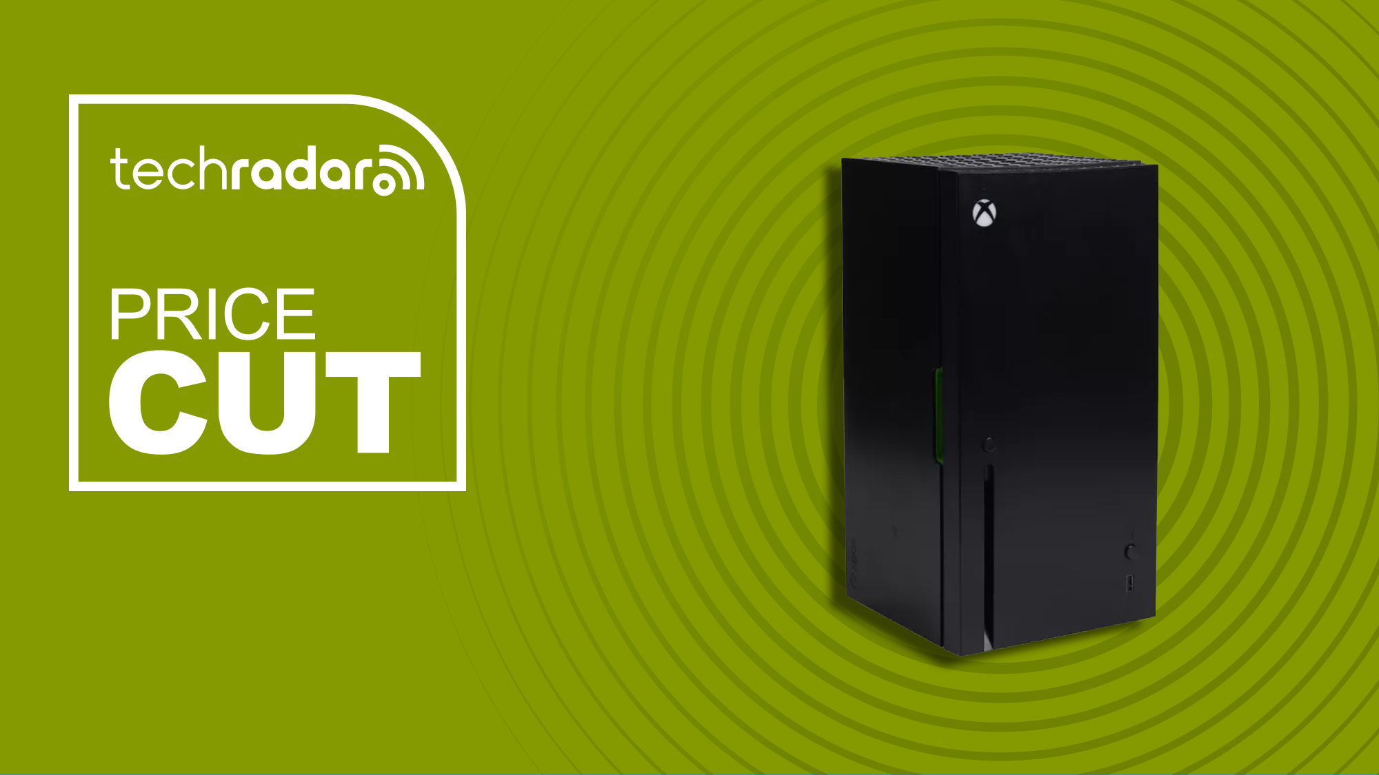 The Xbox Series X mini fridge on a lime green background. White text to the left reads: &quot;techradar PRICE CUT&quot;