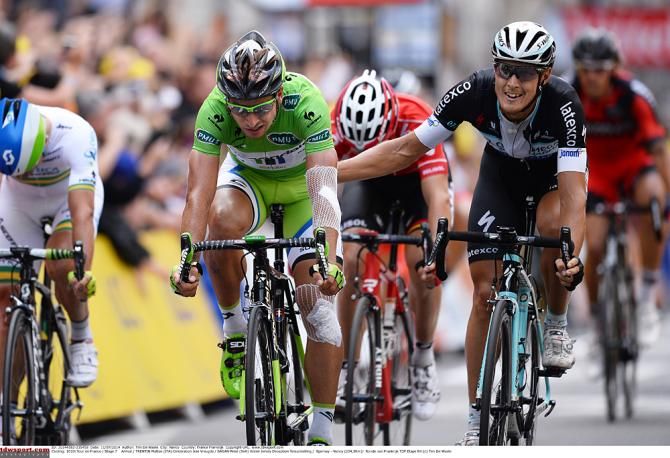 Peter Sagan (Cannondale) and Matteo Trentin (Omega Pharma-QuickStep) after the stage 7 photo-finish sprint