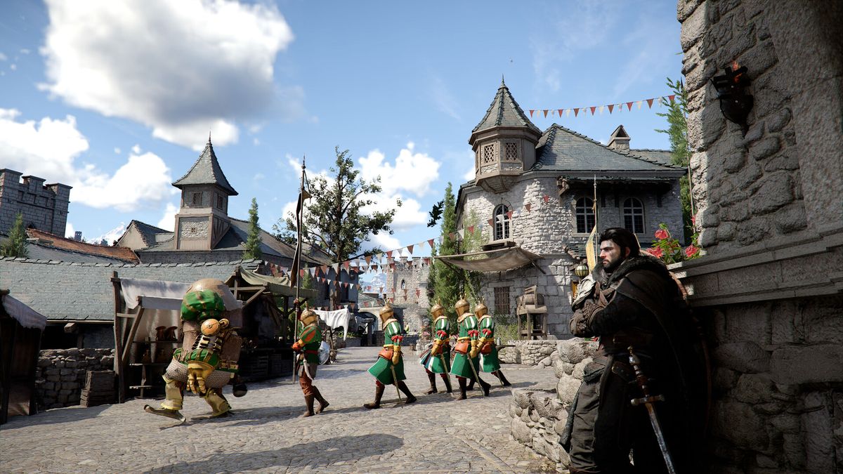 Crimson Desert open world hands-on screenshot showing Kliff leaning against a stone building while guards patrol nearby
